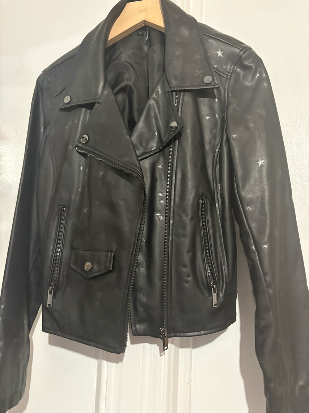 Dkny Black Leather Star-Print Moto Jacket